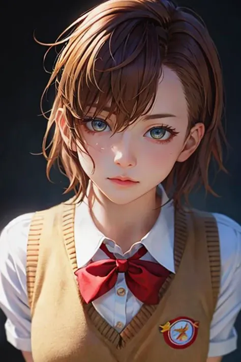 (misaka mikoto:1.2), school uniform, realistic, perfect lighting, (masterpiece, best quality, high detailed, high-definition:1.4), tareme, big eyes, high detailed eyes, 1girl, idea face, (glowing eyes), hair ornaments, shirt, ribbon, beige vest, blown hair, short hair,  upper body, close-up from above, depth of field, looking at viewer