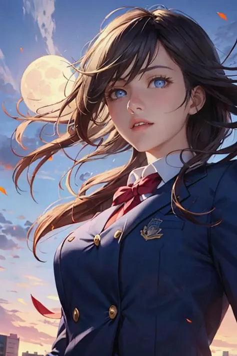 perfect anatomy,
(masterpiece,
best quality,
high detailed:1.4),
cowboy shot,
close-up,
dynamic pose,
(shining) eyes,
(inviting face:1.2),
high detailed school uniform,
band of light,
(wind:1.4),
anime,
realistic,
high detailed eyes,
8k,
cg.
wallpaper,
(blue sunset:1.4),
(moon:1.2),
1girl,
solo,
chests lift,
looking at viewer,
from below,
(top of the building:1.2)