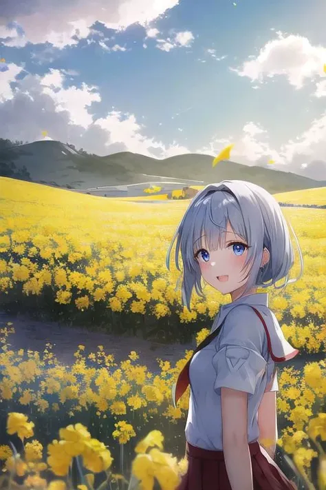 two pretty dressed girls, one red-eyed girl, wearing a skirt, one blue-eyed girl wearing white shorts with gloves, under a sunny dark blue sky with few clouds in a field of canola flowers blooming with the season (many Yellow butterflies) fly in the cold, windy weather