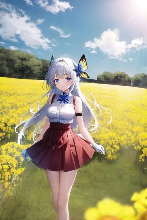 two pretty dressed girls, one red-eyed girl, wearing a skirt, one blue-eyed girl wearing white shorts with gloves, under a sunny dark blue sky with few clouds in a field of canola flowers blooming with the season (many huge Yellow butterflies) fly in the cold, windy weather