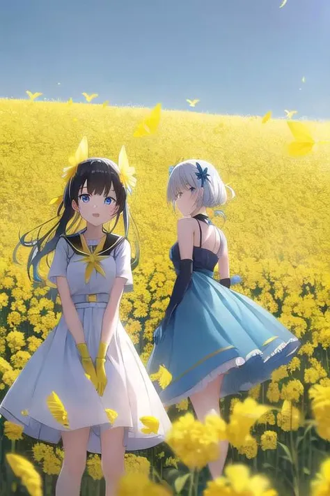 two pretty dressed girls, one red-eyed girl, wearing a skirt, one blue-eyed girl wearing white shorts with gloves, under a sunny dark blue sky with few clouds in a field of canola flowers blooming with the season flock of many Yellow butterflies with (thousands of yellow butterflies) flying across the sky in the cold, windy weather