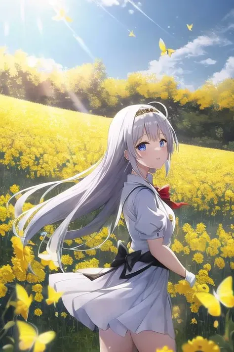 two pretty dressed girls, one red-eyed girl, wearing a skirt, one blue-eyed girl wearing white shorts with gloves, under a sunny dark blue sky with few clouds in a field of canola flowers blooming with the season (many huge Yellow butterflies, many much Yellow butterflies) fly in the cold, windy weather