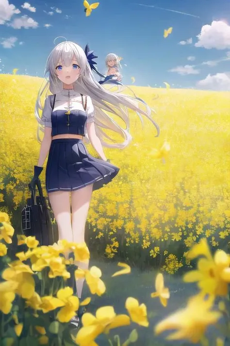 two pretty dressed girls, one red-eyed girl, wearing a skirt, one blue-eyed girl wearing white shorts with gloves, under a sunny dark blue sky with few clouds in a field of canola flowers blooming with the season flock of Yellow butterflies with (thousands of yellow butterflies) flying across the sky in the cold, windy weather