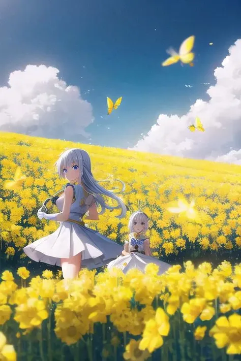 two pretty dressed girls, one red-eyed girl, wearing a skirt, one blue-eyed girl wearing white shorts with gloves, under a sunny dark blue sky with few clouds in a field of canola flowers blooming with the season Yellow butterflies with (thousands of yellow butterflies) flying across the sky in the cold, windy weather