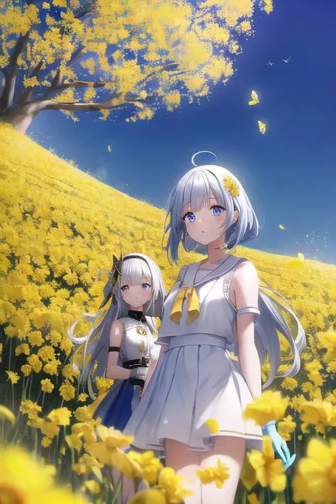 two pretty dressed girls, one red-eyed girl, wearing a skirt, one blue-eyed girl wearing white shorts with gloves, under a sunny dark blue sky with few clouds in a field of canola flowers blooming with the season flock of Yellow butterflies with (thousands of yellow butterflies) flying across the sky in the cold, windy weather