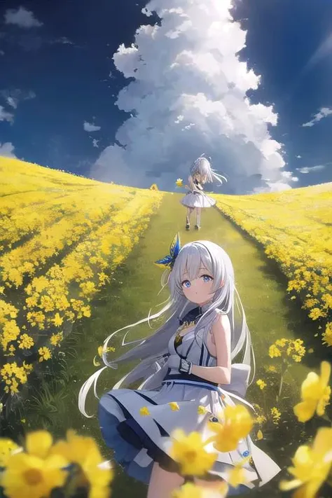 two pretty dressed girls, one red-eyed girl, wearing a skirt, one blue-eyed girl wearing white shorts with gloves, under a sunny dark blue sky with few clouds in a field of canola flowers blooming with the season Yellow butterflies with (thousands of yellow butterflies) flying across the sky in the cold, windy weather