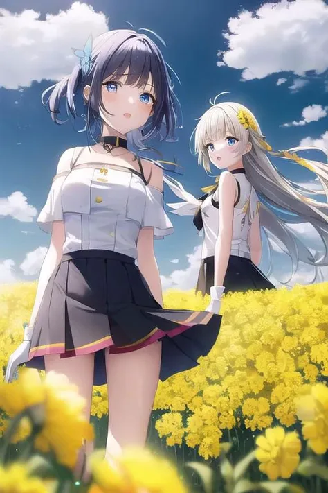 two pretty dressed girls, one red-eyed girl, wearing a skirt, one blue-eyed girl wearing white shorts with gloves, under a sunny dark blue sky with few clouds in a field of canola flowers blooming with the season Yellow butterflies with (thousands of yellow butterflies) flying across the sky in the cold, windy weather