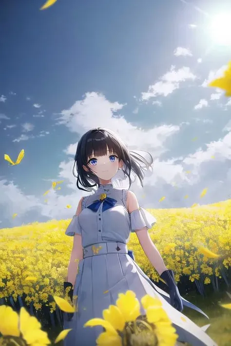 two pretty dressed girls, one red-eyed girl, wearing a skirt, one blue-eyed girl wearing white shorts with gloves, under a sunny dark blue sky with few clouds in a field of canola flowers blooming with the season flock of many Yellow butterflies with (thousands of yellow butterflies) flying across the sky in the cold, windy weather