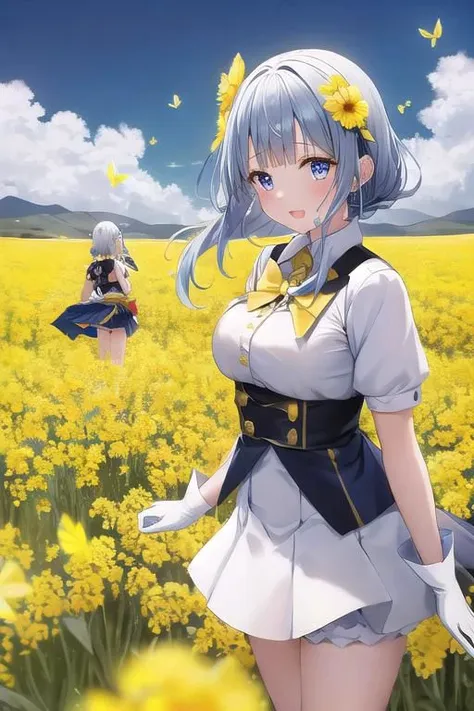 two pretty dressed girls, one red-eyed girl, wearing a skirt, one blue-eyed girl wearing white shorts with gloves, under a sunny dark blue sky with few clouds in a field of canola flowers blooming with the season flock of many Yellow butterflies with (thousands of yellow butterflies) flying across the sky in the cold, windy weather