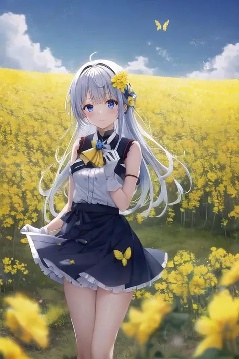 two pretty dressed girls, one red-eyed girl, wearing a skirt, one blue-eyed girl wearing white shorts with gloves, under a sunny dark blue sky with few clouds in a field of canola flowers blooming with the season Yellow butterflies with thousands of yellow butterflies flying across the sky in the cold, windy weather