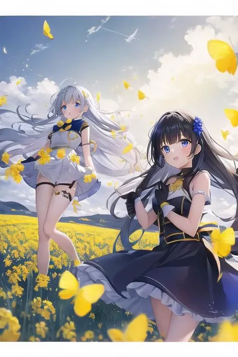 two pretty dressed girls, one red-eyed girl, wearing a skirt, one blue-eyed girl wearing white shorts with gloves, under a sunny dark blue sky with few clouds in a field of canola flowers blooming with the season flock of Yellow butterflies with (thousands of yellow butterflies) flying across the sky in the cold, windy weather