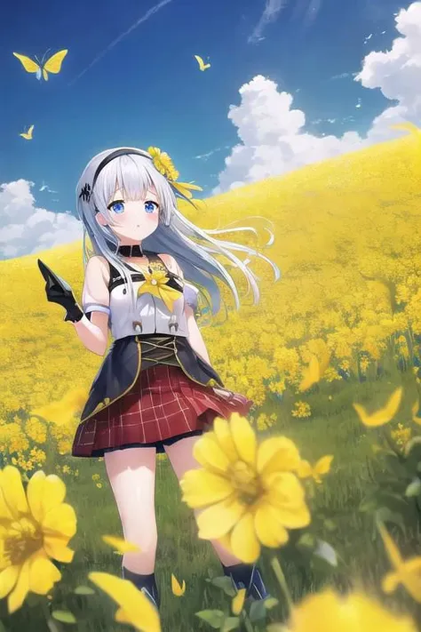 two pretty dressed girls, one red-eyed girl, wearing a skirt, one blue-eyed girl wearing white shorts with gloves, under a sunny dark blue sky with few clouds in a field of canola flowers blooming with the season (many huge Yellow butterflies, many much Yellow butterflies) fly in the cold, windy weather