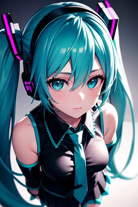 realistic,
perfect lighting,
(masterpiece,
best quality,
high detailed,
high-definition:1.4),
high detailed eyes,
1girl, 
mature female, 
idea face, 
hatsunemiku,
(Hatsune Miku, glowing eyes), 
miku hatsune, 
ahoge,
aqua eyes, 
aqua hair, 
crossed bangs, 
hair between eyes,
hair ornament,
headphones, 
long hair, 
twintails,
aqua necktie, 
black footwear, 
black skirt, 
black sleeves, 
boots, 
collared shirt, 
detached sleeves, 
grey shirt, 
necktie, 
pleated skirt, 
shirt, skirt, 
sleeveless, 
sleeveless shirt, 
thigh boots, 
tie clip,
upper body,
close-up
from above, 
depth of field, 
looking at viewer