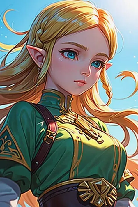 <lora:zelda_botw_outfit_v0.1:1>,
princess zelda,
blonde hair,
green costume,
(masterpiece,
best quality,
high detailed:1.4),
high detailed eyes,
(closed-up:1.2),
pov,
from below,
(daytime:1.2),
dynamic lighting,
wind,
realistic,
anime,
1girl,
tower of top,
shiny hair,
<lora:flat2:-1>