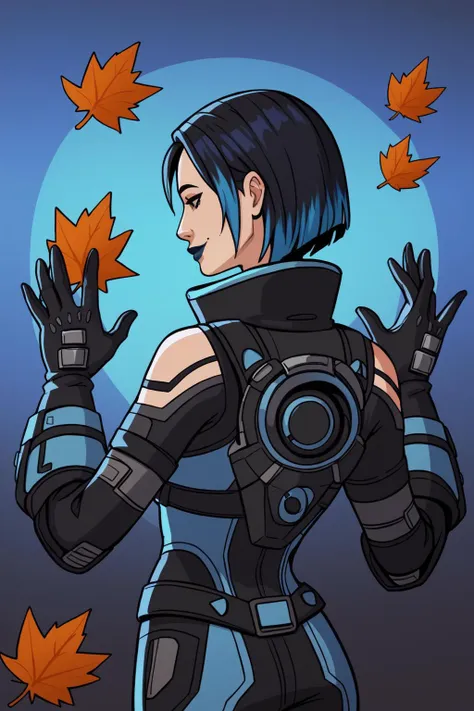 catalystapex, 1girl, back-to-back, black hair, blue background, blue hair, bodysuit, catalystapex, gloves, leaf, lipstick, multicolored hair, multiple girls, night, open hands, portrait, short hair, smile, solo, transgender female, PonyXLV6_Scores,  <lora:APEXCATALYSTPDXL:1>