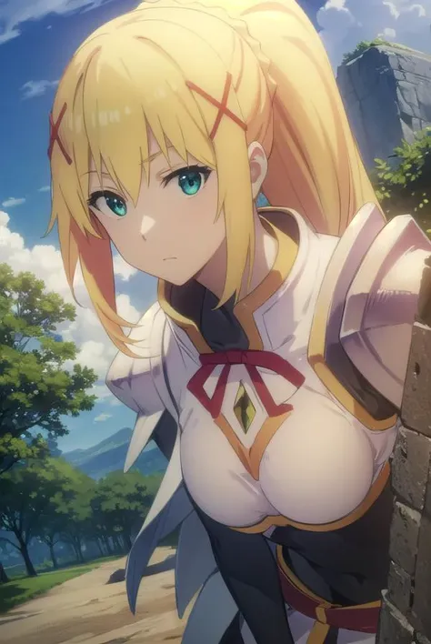 lalatinadustinessford, <lora:lalatina dustiness ford movie-lora-nochekaiser:1>, 
lalatina dustiness ford, darkness \(konosuba\), long hair, (green eyes:1.3), blonde hair, hair ornament, ponytail, braid, x hair ornament,
BREAK gloves, armor, bodysuit, shoulder armor, armored dress,
BREAK outdoor, forest, nature, trees, village, sky, sun, clouds,
BREAK looking at viewer, (cowboy shot:1.5),
BREAK <lyco:GoodHands-beta2:1>, (masterpiece:1.2), best quality, high resolution, unity 8k wallpaper, (illustration:0.8), (beautiful detailed eyes:1.6), extremely detailed face, perfect lighting, extremely detailed CG, (perfect hands, perfect anatomy),