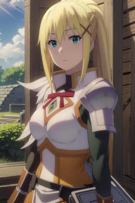 lalatinadustinessford, <lora:lalatina dustiness ford movie-lora-nochekaiser:1>,
lalatina dustiness ford, darkness \(konosuba\), long hair, (green eyes:1.3), blonde hair, hair ornament, ponytail, braid, x hair ornament,
BREAK gloves, armor, bodysuit, shoulder armor, armored dress,
BREAK outdoor, forest, nature, trees, village, sky, sun, clouds,
BREAK looking at viewer, (cowboy shot:1.5),
BREAK <lyco:GoodHands-beta2:1>, (masterpiece:1.2), best quality, high resolution, unity 8k wallpaper, (illustration:0.8), (beautiful detailed eyes:1.6), extremely detailed face, perfect lighting, extremely detailed CG, (perfect hands, perfect anatomy),