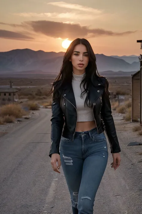 photo of S213_KamaOxi,a stylish woman,in a (ghost-town:1.1),wearing a (leather-jacket:1.1) and (jeans:1.1),(sunset),(8k, RAW photo, best quality, depth of field, ultra high res:1.2),(absurdres, intricate, photorealistic, masterpiece, ultra-detailed:1.3),