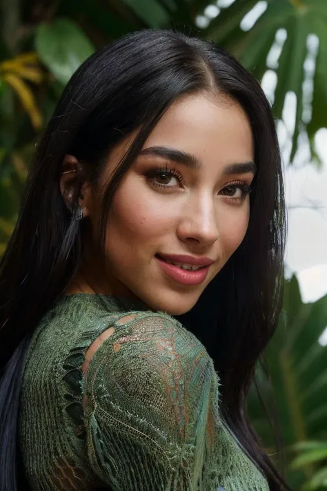 photo of S213_KamaOxi,a stylish woman,in a (jungle:1.1),wearing a (crewneck-sweatshirt:1.1) and a (skirt:1.1),(smiling),(8k, RAW photo, best quality, depth of field, ultra high res:1.2),(absurdres, intricate, photorealistic, masterpiece, ultra-detailed:1.3),