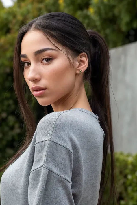 closeup headshot of S213_KamaOxi,a beautiful woman,in a (garden:1.1),wearing a (sweatshirt:1.1),(ponytail:1.1),(8k, RAW photo, best quality, depth of field, ultra high res:1.2),(absurdres, intricate, photorealistic, masterpiece, ultra-detailed:1.3),