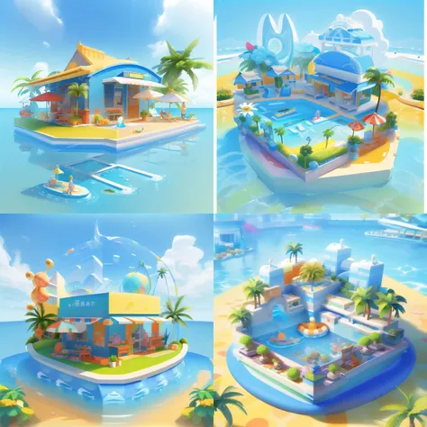 <lora:3D:1>3D,base,3ddianshang\(style\),a cartoon-style swimming pool,pool with inflatable swim rings,duck float,summer vibe,colorful ice cream stand,outdoor,no humans,digital rendering,sunny day,blue sky,palm trees,grass,flowers,daisies,vibrant colors,playful design,outdoors, masterpiece, best quality,