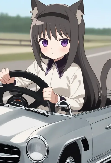 masterpiece,best quality,very aesthetic,absurdres,<lora:akemi_homura:1>,irl, :<, akemi_homura, black_hairband, blush, cat_ears, cat_girl, cat_tail, chibi, closed_mouth, driving, film_grain, grey_car, long_hair, looking_at_viewer, mercedes-benz_300sl, purple_eyes, sitting, solo, steering_wheel, vehicle_focus