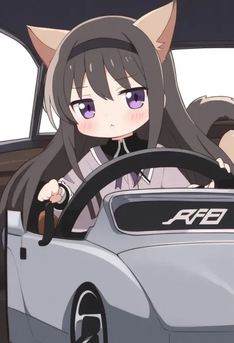 masterpiece,best quality,very aesthetic,absurdres,<lora:akemi_homura:1>,irl,:<, akemi_homura, black_hairband, blush, cat_ears, cat_girl, cat_tail, chibi, closed_mouth, driving, film_grain, grey_car, long_hair, looking_at_viewer, mercedes-benz_300sl, purple_eyes, sitting, solo, steering_wheel, vehicle_focus,