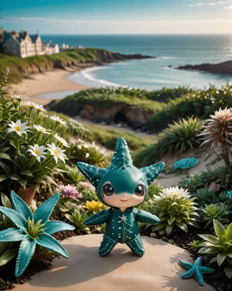 concept art, Chibi Starfish, earthly, natural, flowers and plants, Ektachrome plants full of Teal, Shaky Brighton in background, spotlit, beautiful, Best quality, <lora:dvr-lthr:1> dvr-lthr