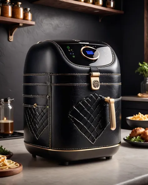 concept art, intricate details, award winning, Quaint Explosive Air fryer, with Celtic knot designs, Dark, soft light, F/14, <lora:dvr-lthr:1> dvr-lthr