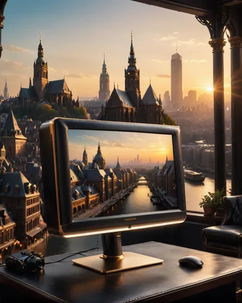 concept art, elegant, alluring Monitor, gorgeous city in background, at Golden hour, Rembrandt lighting, <lora:dvr-lthr:1> dvr-lthr