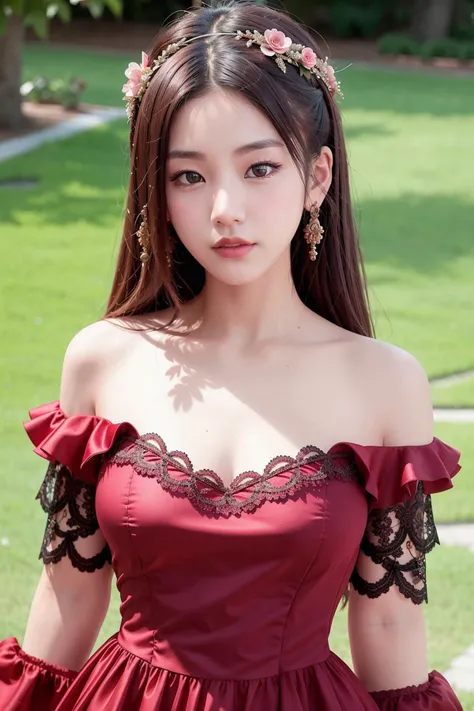 upper body shot of yeji, 1girl, looking at viewer, upper body, 3D, realistic, large breasts, excessively frilled princess dress, draped clothes, jewelry, ornament, flower, lace trim, masterpiece, best quality, 8k, detailed skin texture, detailed cloth texture, beautiful detailed face, intricate details, ultra detailed, rim lighting, side lighting, cinematic light, ultra high res, 8k uhd, film grain,best shadow, delicate, RAW, <lora:yejiItzy_v1:0.7>