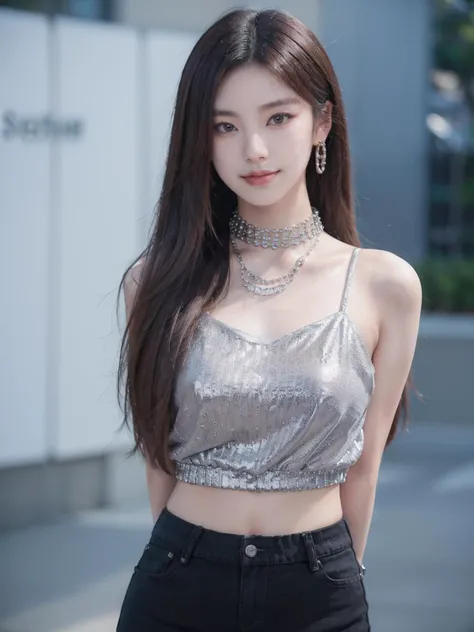 <lora:Yeji Itzy:0.65> itzy yeji, photo of woman, 1girl, solo, long hair, smile, wearing a silver top and a choker around her neck, black shorts, arms behind back, thin waist,, (high quality:1.4), (photorealistic:1.6), 8k, uhd, highres, absurdres, professional photo, highly detailed, detailed skin