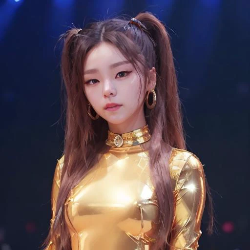 Photo of Yeji Itzy, wearing a golden shiny latex catsuit with tight high collar, latex sleeves <lora:Yeji Itzy:0.7>,