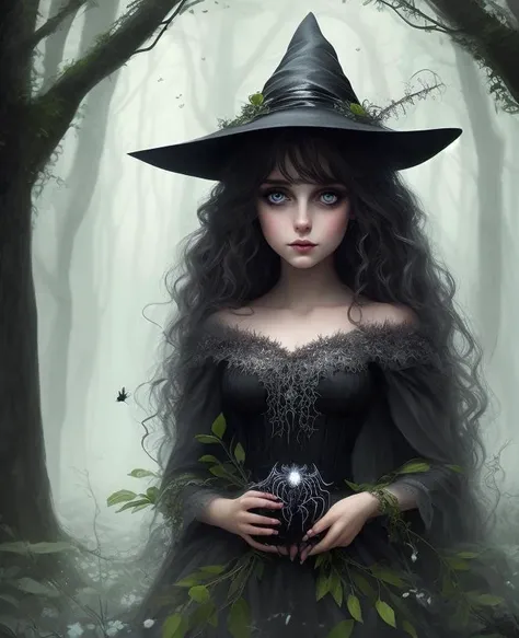 witch, 1girl, super cute spider with big bright eyes, digital painting, dreamlike, intricate details, sharp focus, trending on artstation, magical fairies in a dreamlike forest, <lora:4x_RealisticRescaler_100000_G:1> <lora:mergeV6:1>