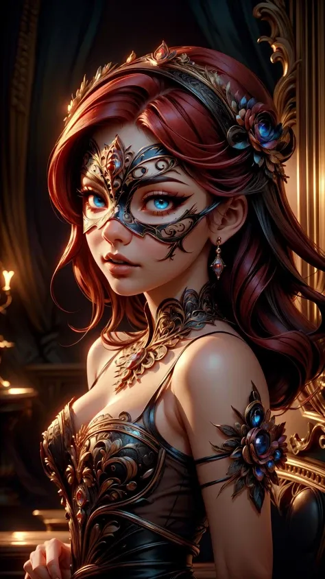 A beautiful woman at a masquerade ball, red hair, baroque theme, european, perfect eyes, (masqueurade:1.4), eye mask, extremely detailed, vivid colors, sharp focus, dramatic, award winning, high contrast, cinematic lighting, (masterpiece), (extremely intricate:1.3),