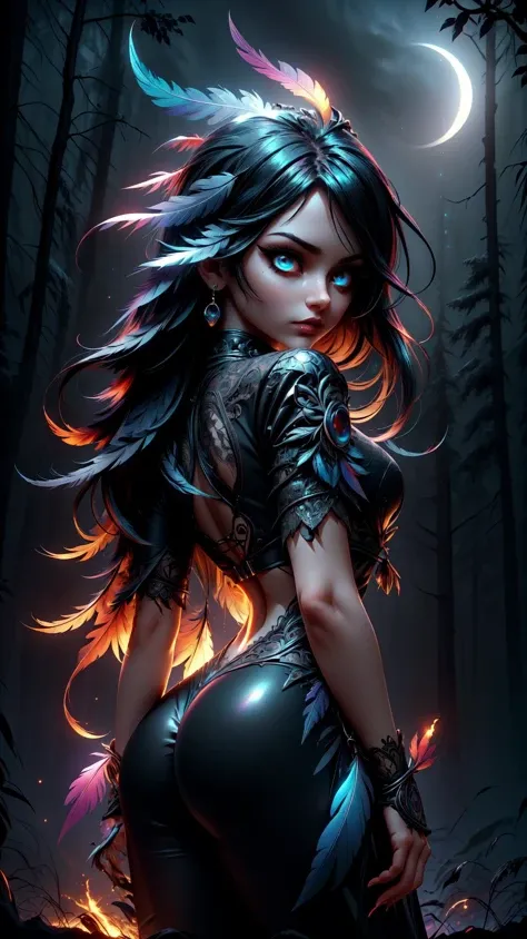 Portrait of an incredibly beautiful girl, a sexy fantasy raven goddess, very long hair, wearing shiny tight cloth and black (feathers:1.2), (colorful),  (black eyeshadow), (perfect eyes: 1.2), perfect ass, standing in a dark spooky burning dead forest, outdoors, intense firelight and moonlight, extremely detailed, sharp focus, dramatic, award winning, high contrast, cinematic lighting, (blurry background, bokeh, depth of field, night), (masterpiece), (extremely intricate:1.3),