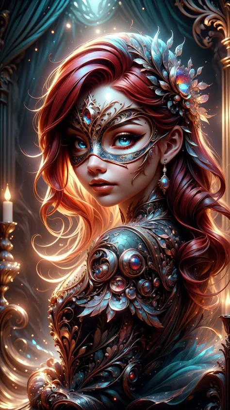 A beautiful woman at a masquerade ball, red hair, baroque theme, european, perfect eyes, (masqueurade:1.4), eye mask, extremely detailed, vivid colors, sharp focus, dramatic, award winning, high contrast, cinematic lighting, (masterpiece), (extremely intricate:1.3)