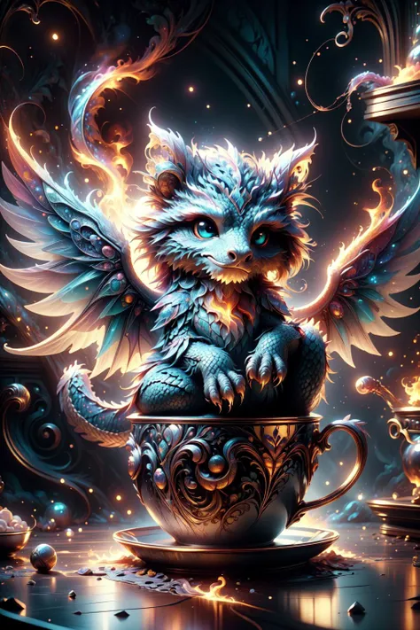 an adorable [kitty cat: dragon: 0.7] with wings, fire, in a cup of tea, in a magical wizard's kitchen, extremely detailed, vivid colors, daylight, high quality, best quality,  award winning, high contrast, cinematic lighting, (masterpiece),