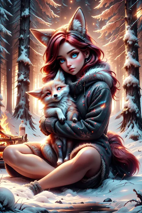 a beautiful girl with a cute pet fox, red hair, european, in a winter forest, warm fur clothes, (perffect eyes), fully clothed, sitting nest to a camp fire, uhd, high contrast, deep shadows, unreal engine, 8k, bright and vivid colors, (intense lighting: 1.3), award winning masterpiece, extremely detailed, detailed background, cinematic,