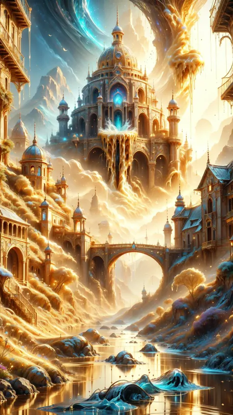 a river of (liquid gold:1.3) runs through an ancient forgotten city, fantasy, mysterious, masterpiece, 8k, award winning, high quality, best quality, cinematic, extremely detailed,