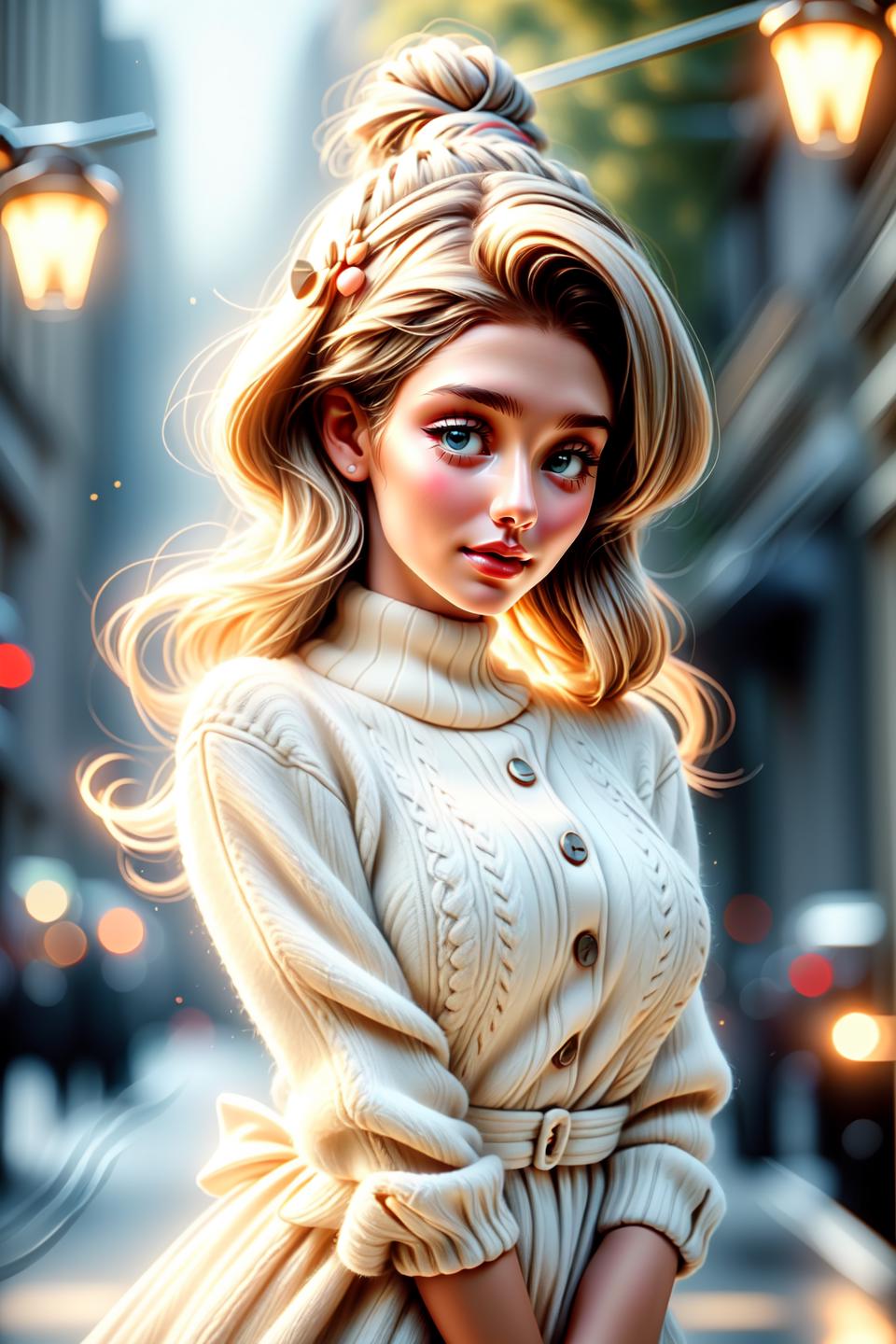 A woman with a hat and sweater on walking down a street - SeaArt AI