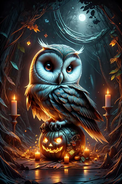 a barn owl sitting on a jack o lantern, in an autumn forest, dark atmosphere, symmetrical, ((mc escher style)), hp lovecraft, eerie lights and candles, swirling abstract patterns, kaleidoscope, zentangle, gothic style, victorian style, baroque style,