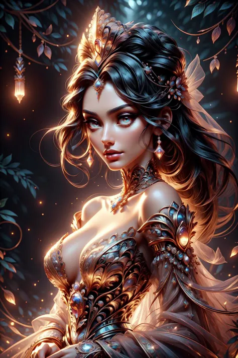 best quality, high-res, ultra-detailed), beautiful woman, detailed face, detailed eyes, long sparkling dress, night background with light and flowers, neon colors, portraits, soft and warm color tones, ambient lighting, full body, flowers, lights, laying on bed