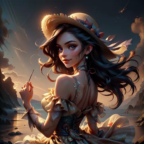 (masterpiece,  artistic painting, classic art, 8k hdr, dynamic lighting, best quality, sharp, perfect:1.4), 1 woman, Japanese, model, beautiful, fair skin, blemish-free face, smiling, perfect skin, slender build, very long black hair, thin flowing summer dress, large summer hat, side facing, on the beach, golden sun, back light, bokeh,( holding hat on with one hand:1.3), (strong wind blowing:1.3), (shoulders, waist, dress blowing backwards, dress wrapping around body:1.5)