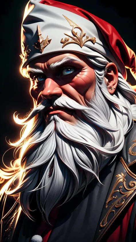 a face portrait of an old and wise santa claus with a (very long white beard:1.3), jolly, santa hat, santa coat, extremely detailed, vivid colors, high quality, best quality,  award winning, high contrast, cinematic lighting, (masterpiece), (extremely intricate:1.3),