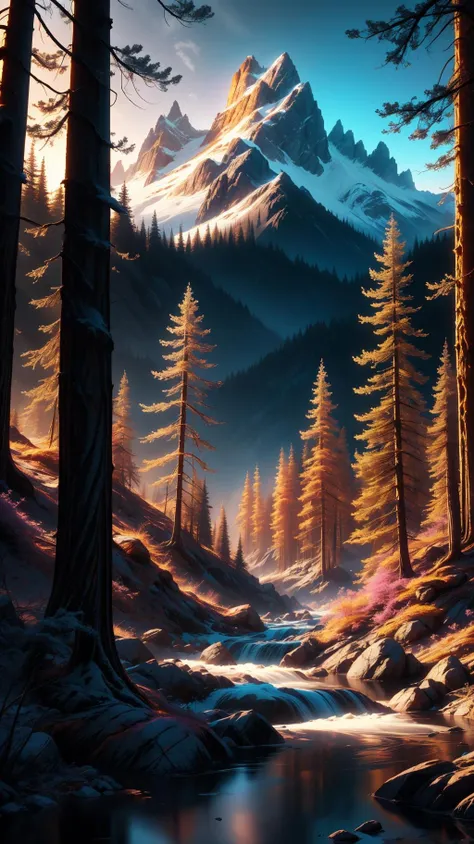 A beautiful enchanted daytime mountainside forest landscape photo, mysterious glowing colors, extremely detailed, vivid colors, high quality, best quality,  award winning, high contrast, cinematic lighting, (masterpiece),