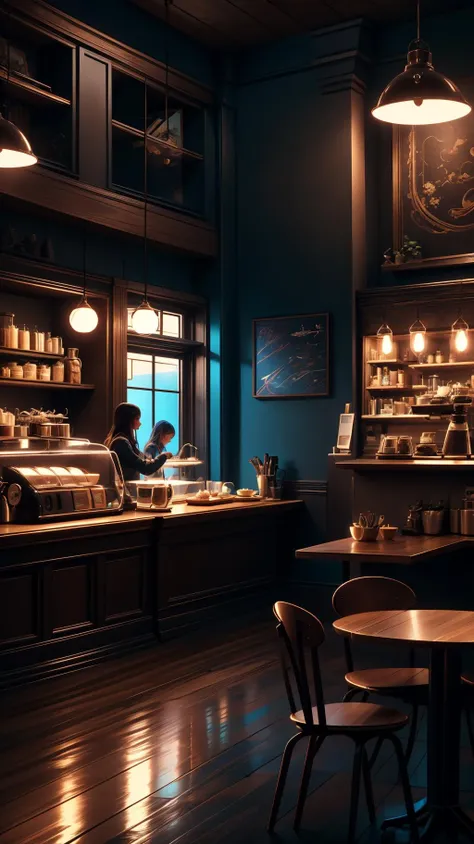 inside of a warmly lit coffee shop, masterpiece, 8k, award winning, high quality, best quality, cinematic, intense lighting, vivid colors, extremely detailed,