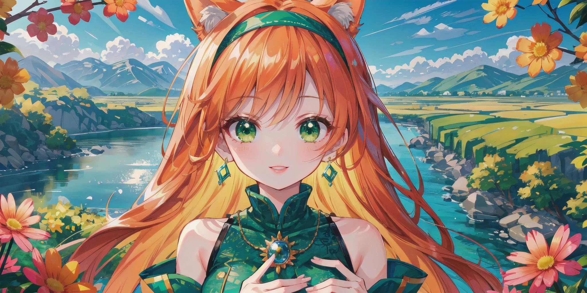 solo, character focus, straight-on,masterpiece, 4k, best quality, highly detailed, fox ears,green hairband, green cloth necklace, (orange hair:1.3),mature female, adult eyes, green eyes, green gemstone pendant, green hairband, bare shoulders, halter summer dress, beautiful plains of flowers, mountains in background, river in background, clouds, upper body, (cute lips:1.2), glossy lips, shinny lips, pink lips, <lora:CosmicEyes:0.6> CosmiEyes, beautiful smile, happy, <lora:Grand Scale:0.4> grandscale,landscape,scenery, hands out of frame, looking at viewer, <lora:Add Detail:0.3>, <lora:Add colours:0.2>, (squinting eyes:1.2)
