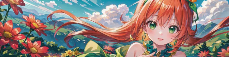 solo, character focus, straight-on,masterpiece, 4k, best quality, highly detailed, fox ears,green hairband, green cloth necklace, (orange hair:1.3),mature female, adult eyes, green eyes, green gemstone pendant, green hairband, bare shoulders, halter summer dress, beautiful plains of flowers, mountains in background, river in background, clouds, upper body, (cute lips:1.2), glossy lips, shinny lips, pink lips, <lora:CosmicEyes:0.6> CosmiEyes, beautiful smile, happy, <lora:Grand Scale:0.4> grandscale,landscape,scenery, (hands out of frame:1.2), looking at viewer, <lora:Add Detail:0.3>, <lora:Add colours:0.2>, dutch angle