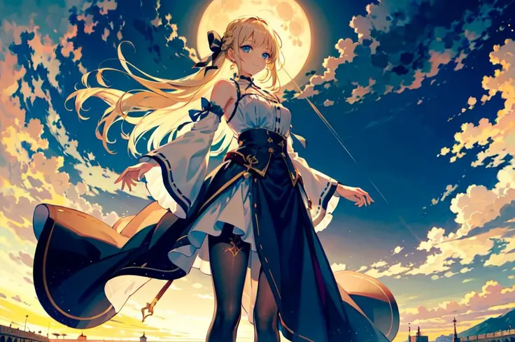 a girl with one arm up, <lora:Grand Scale:1> grandscale,landscape,scenery, white and blue theme, a god looking down from the sky, valhalla, heart-shaped_moon, titan,, ultra detailed, masterpiece, best quality, aesthetic, detailed,, solo, soft smile, light smile,
1girl, blue eyes, very long hair, blonde hair, long blonde hair, french braid, bangs, medium breasts,, hair ribbon, frilled choker, criss-cross halter, sleeveless dress, high-waist skirt, backless dress, waist bow, detached sleeves, frilled sleeves, wide sleeves, pantyhose, patterned legwear, mary janes,